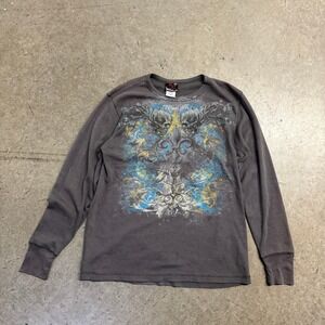Miami Ink Mens Large Thermal Shirt Gray Skull Fleur De Lis Graphic Waffle Knit